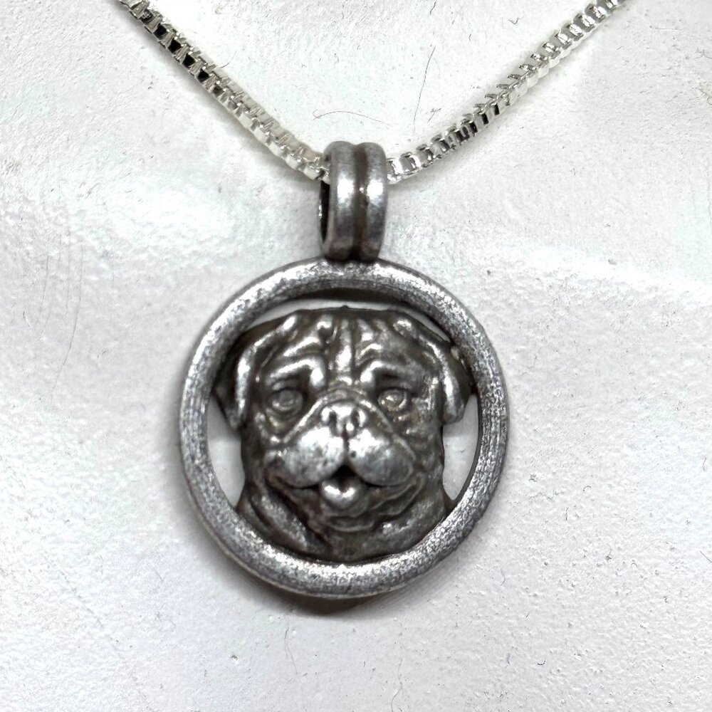 Pug medallion pendant necklace, silver tone, NWOT
